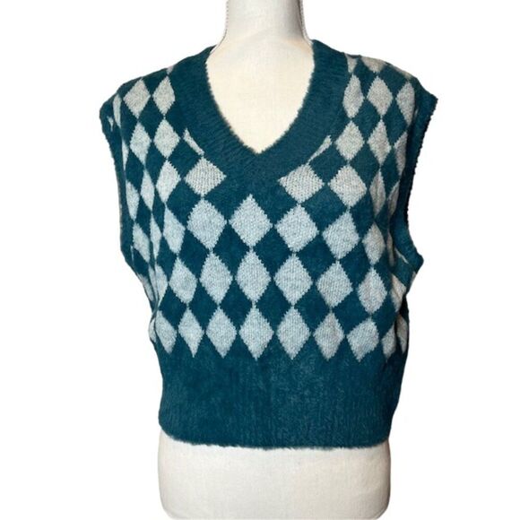 NWOT Sincerely Jules Sleeveless Sweater Vest Teal White Diamonds Size Small - Picture 1 of 8